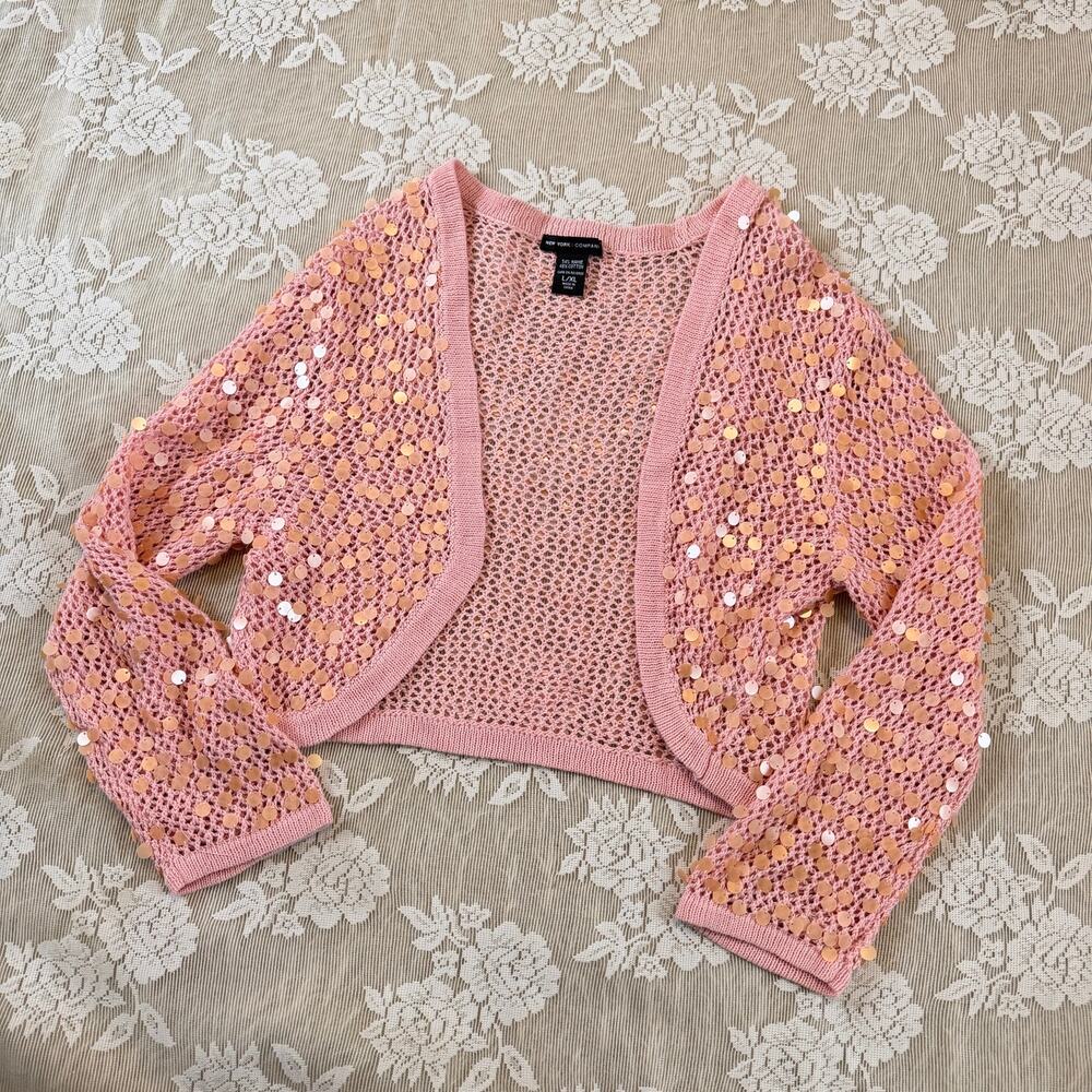 Y2K New York & Company Pink Sequin Shrug Cardigan Size L/XL
